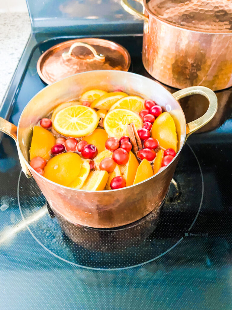 Orange slices, cranberries, and cinnamon sticks in a pot on the stove. 