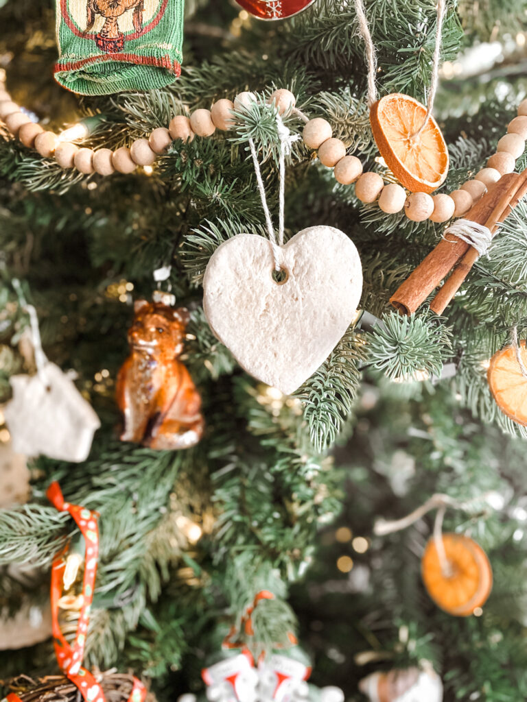 Heart Shaped salt dough ornament on a Christmas tree. 