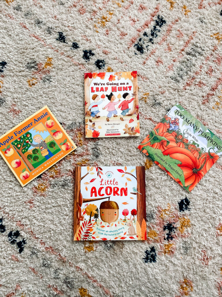 variety of kids Fall  books on a multi colored rug